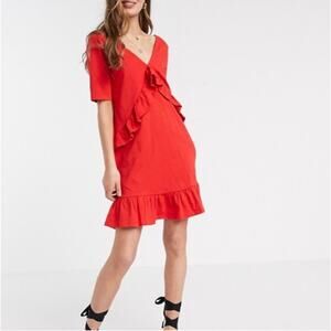 5/$25 ASOS Tall Red Frill V Neck Ruffle Dress